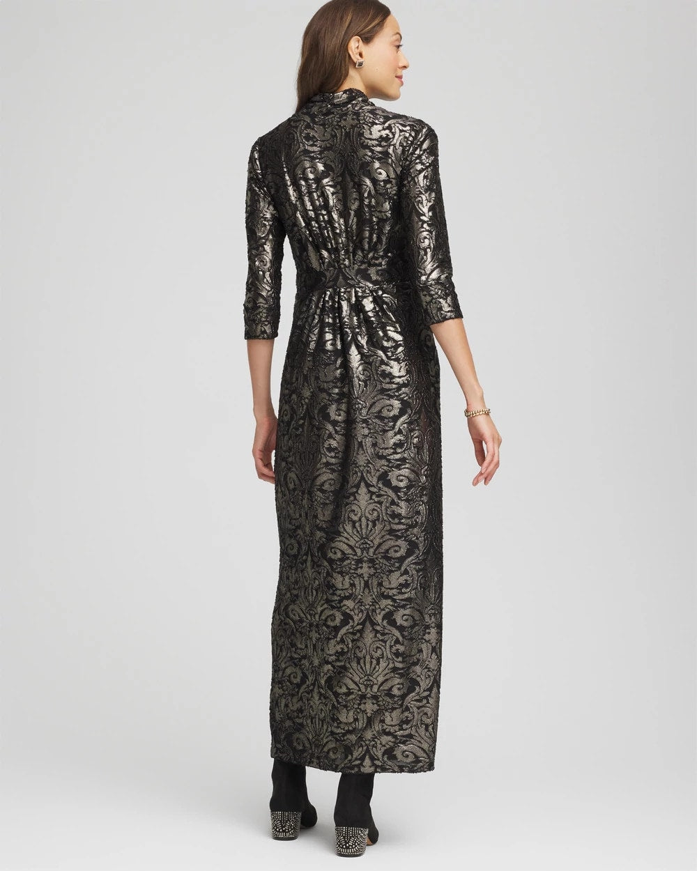 Chico's Women | Petite Foiled Knit Pleated Maxi Dress BLACK