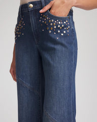 Chico's Women | Petite Embellished Frayed Flared-Leg Jeans IRVINA INDIGO