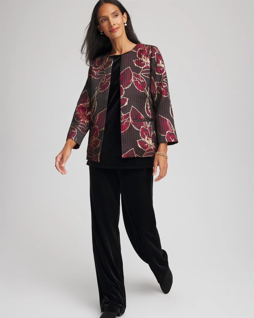 Chico's Women | Travelers™ Collection Jacquard Foiled Floral Jacket RED