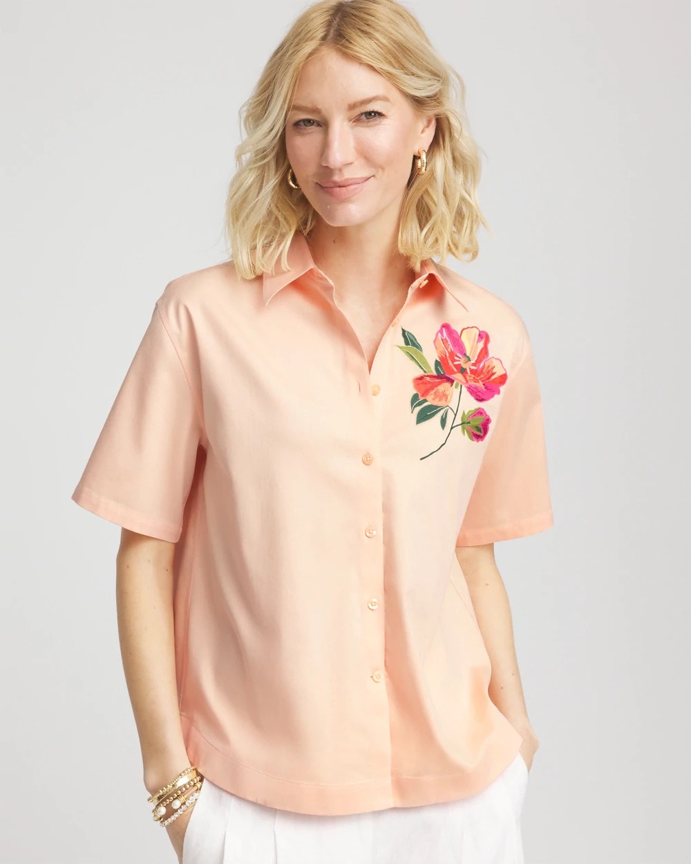 Chico's Women | No Iron™ Embroidered Floral Short-Sleeve Shirt SUNSET PEACH