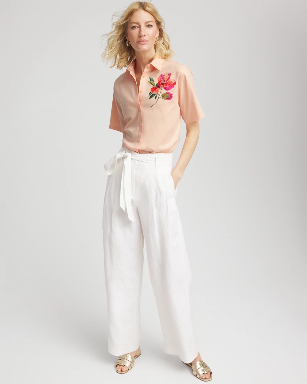 Chico's Women | No Iron™ Embroidered Floral Short-Sleeve Shirt SUNSET PEACH