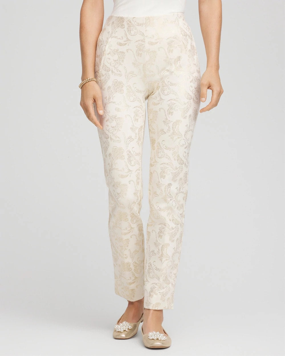 Chico's Women | Juliet Golden Foiled Slim Ankle Pants ENGLISH CREAM