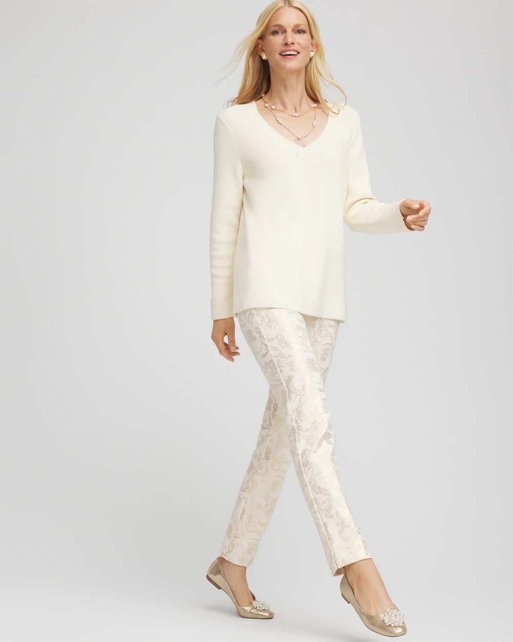 Chico's Women | Juliet Golden Foiled Slim Ankle Pants ENGLISH CREAM